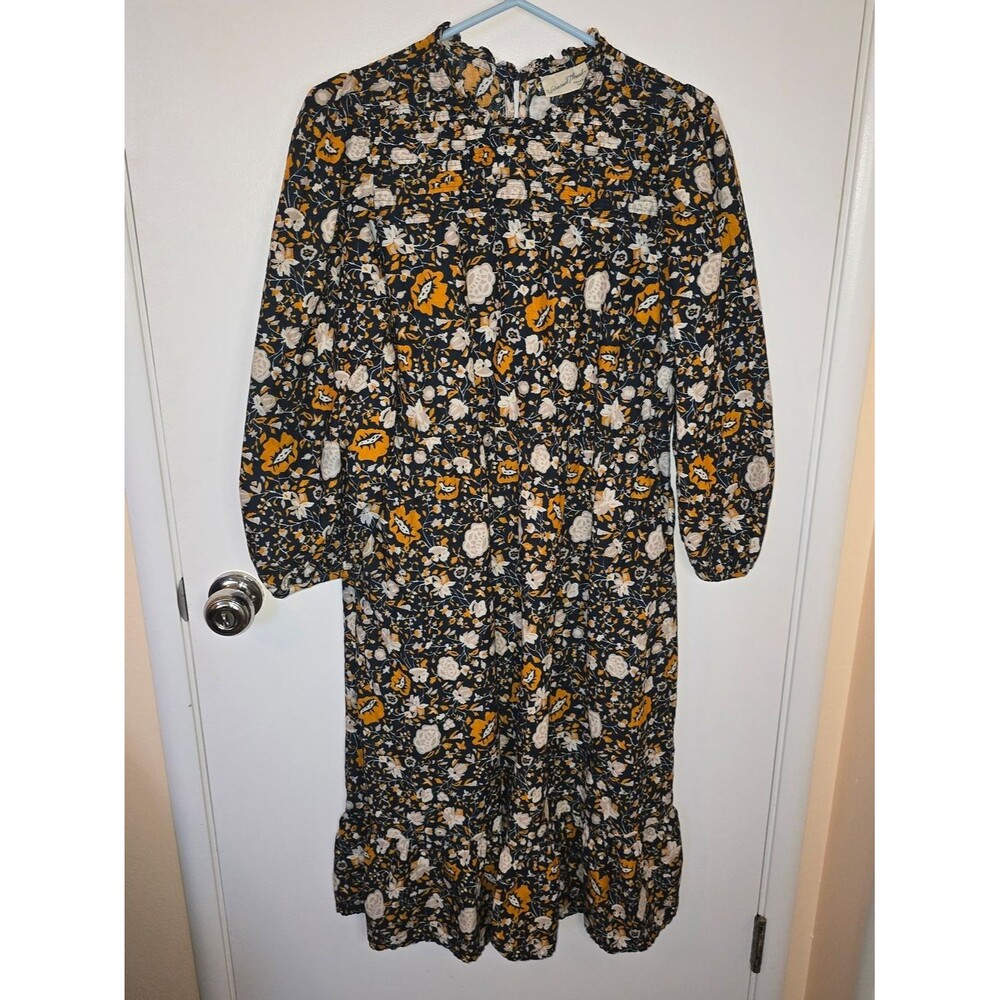 Universal Thread Navy Floral Ruffle Neck Midi Dress with Mustard Accents Med - Picture 3 of 6
